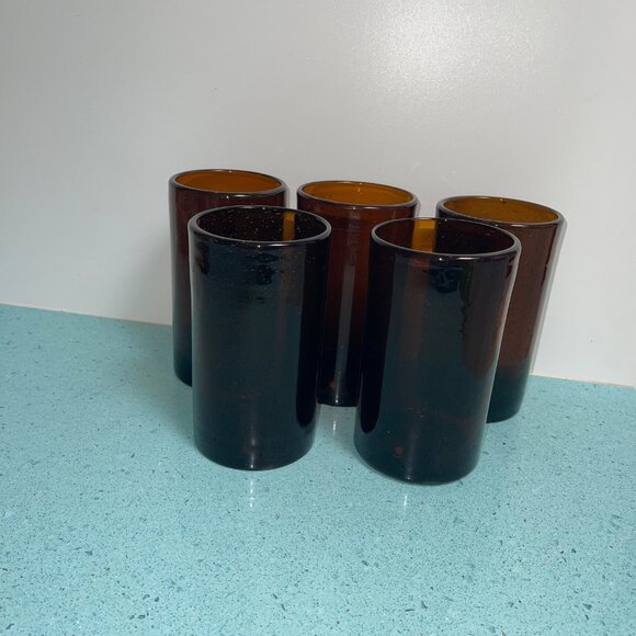 Vintage Bubble Tumblers Hand Blown Dark Amber Set of 5 Collectible - Picture 14 of 14
